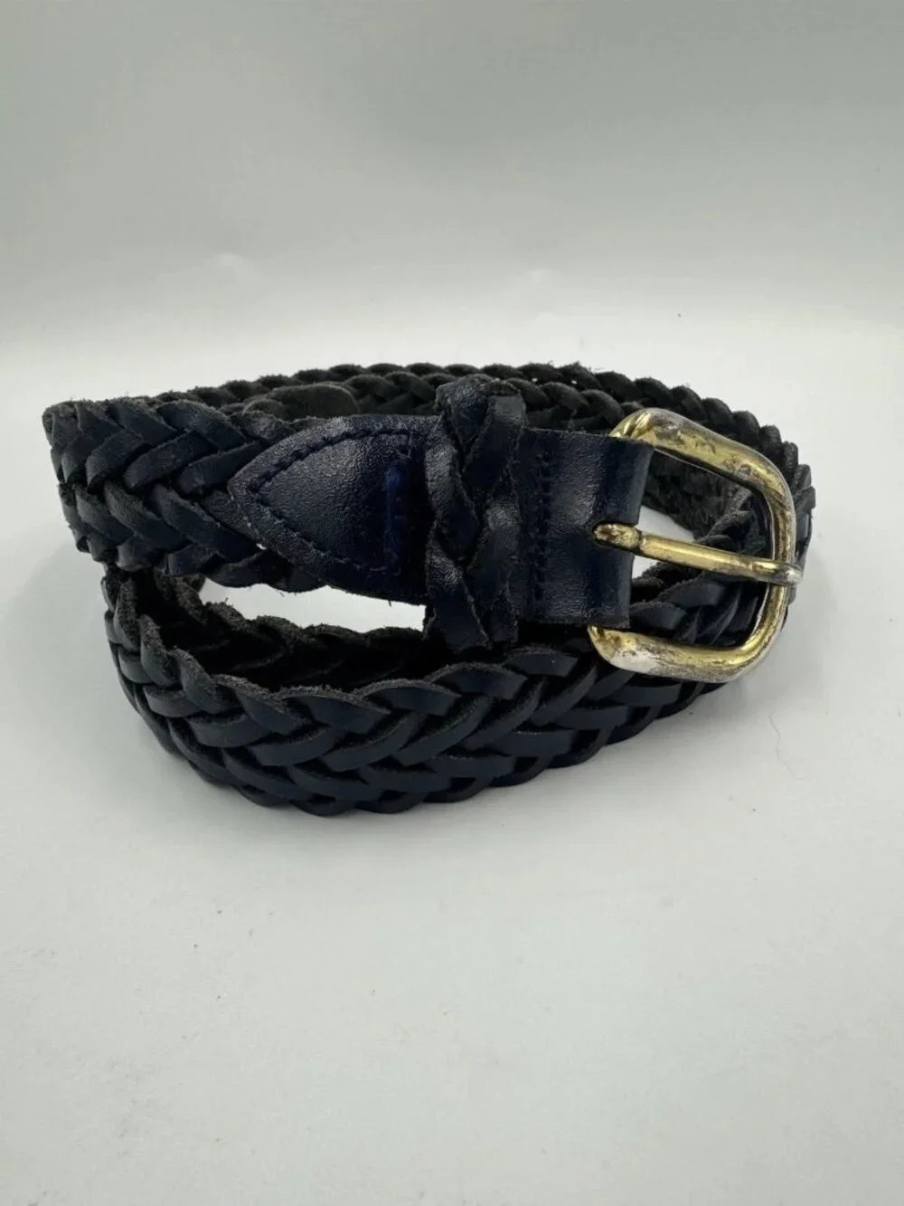 Capezio Woven Gold Buckle Braided Leather Belt Navy M/L